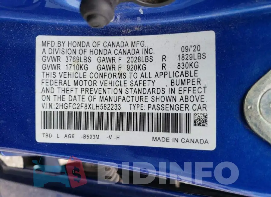2HGFC2F8XLH582233 Photo# 12