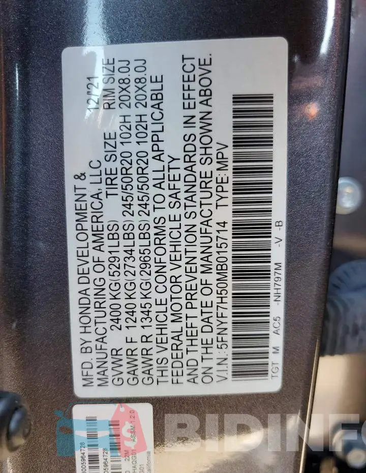 5FNYF7H50MB015714 Photo# 14