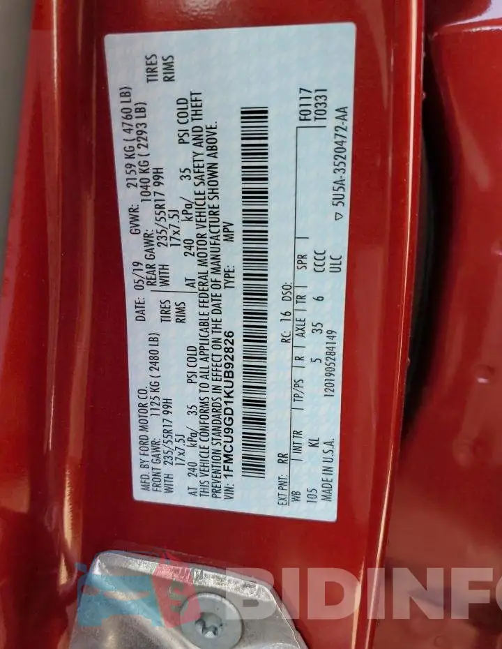 1FMCU9GD1KUB92826 Photo# 14