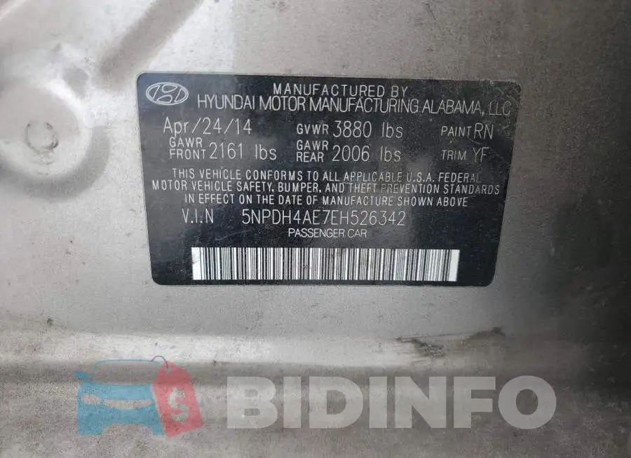 5NPDH4AE7EH526342 Photo# 12