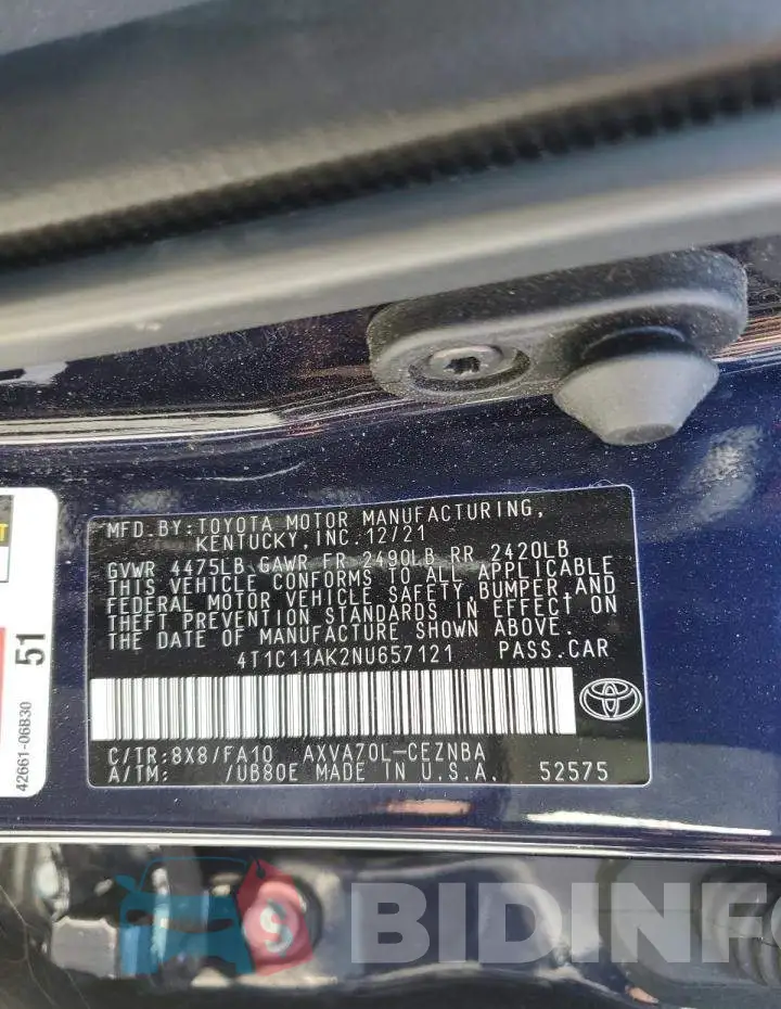 4T1C11AK2NU657121 Photo# 12
