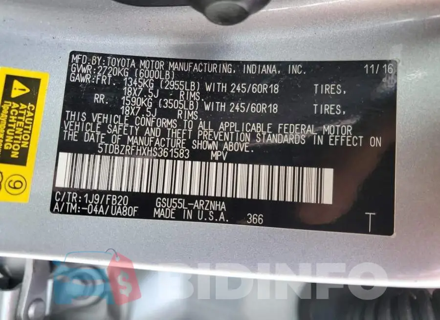 5TDBZRFHXHS361583 Photo# 13