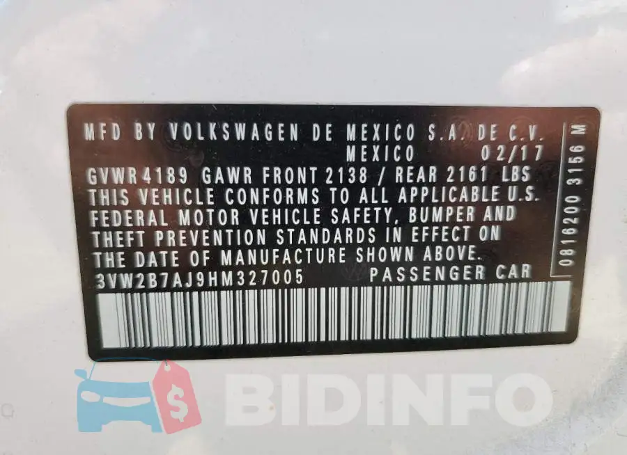 3VW2B7AJ9HM327005 Photo# 13