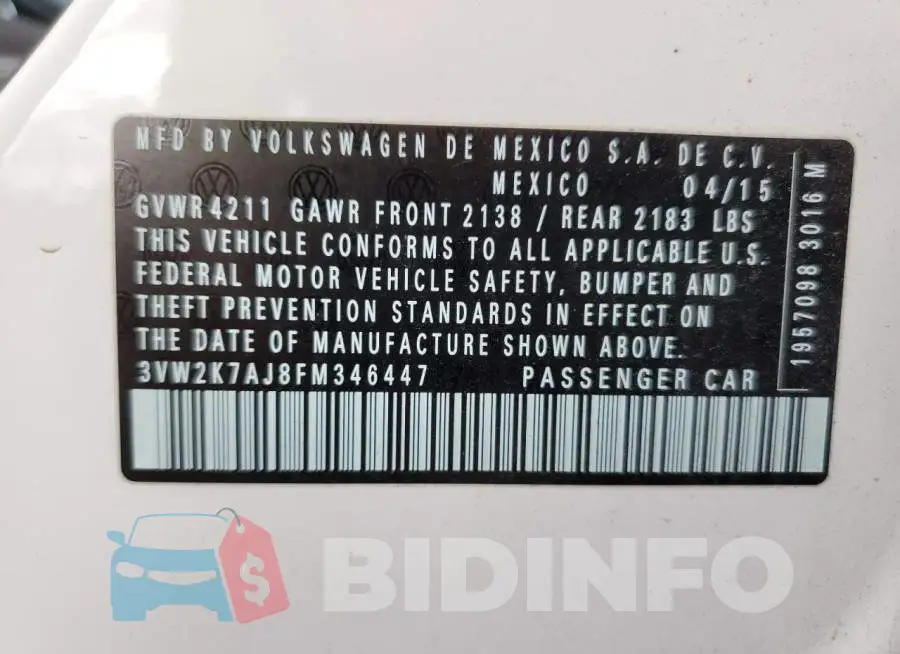 3VW2K7AJ8FM346447 Photo# 12