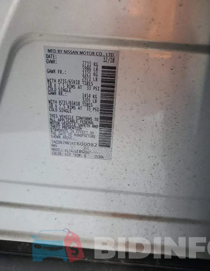 5N1DR2MN5KC600082 Photo# 12