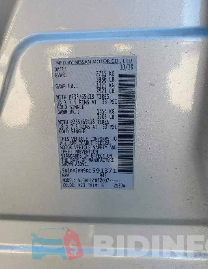 5N1DR2MN9KC591371 Photo# 14