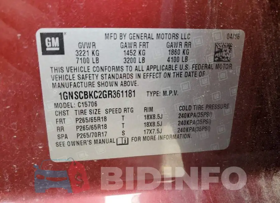 1GNSCBKC2GR361181 Photo# 14