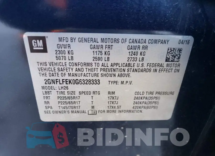 2GNFLFEK0G6328333 Photo# 13