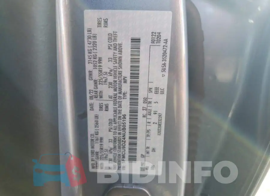 1FMCU9DZ4NUB05196 Photo# 12