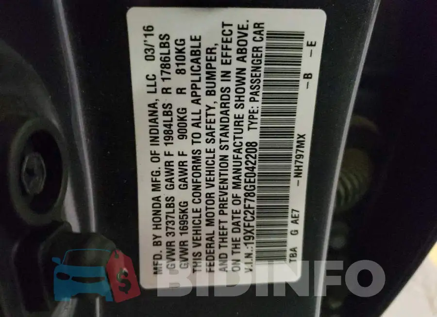 19XFC2F78GE042208 Photo# 12