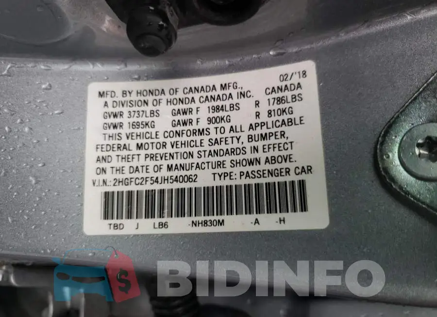 2HGFC2F54JH540062 Photo# 12