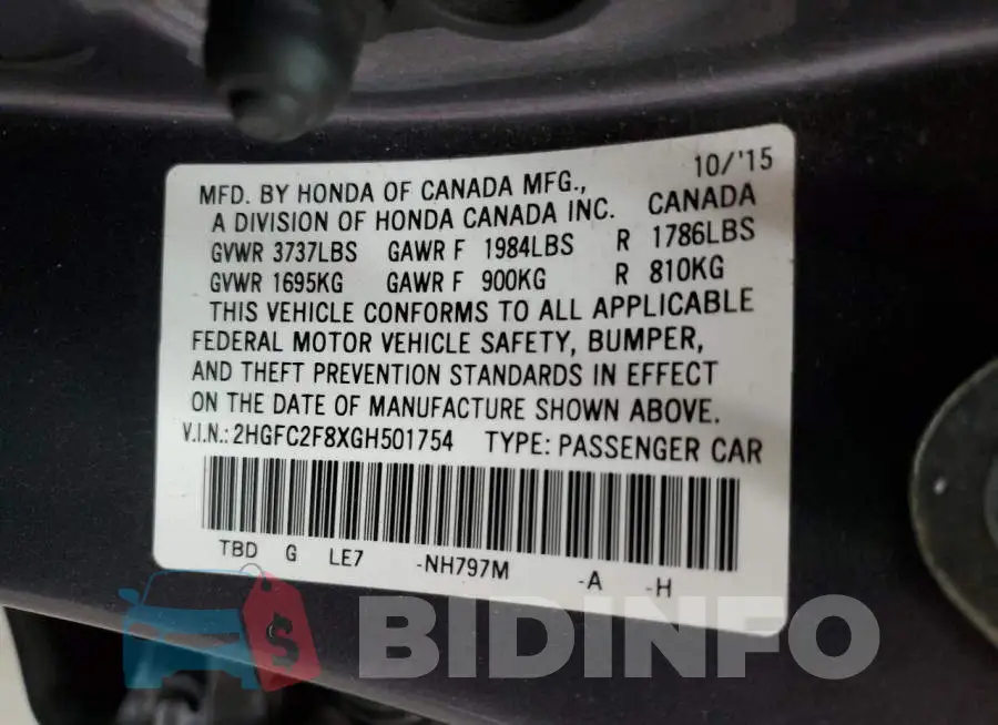 2HGFC2F8XGH501754 Photo# 13