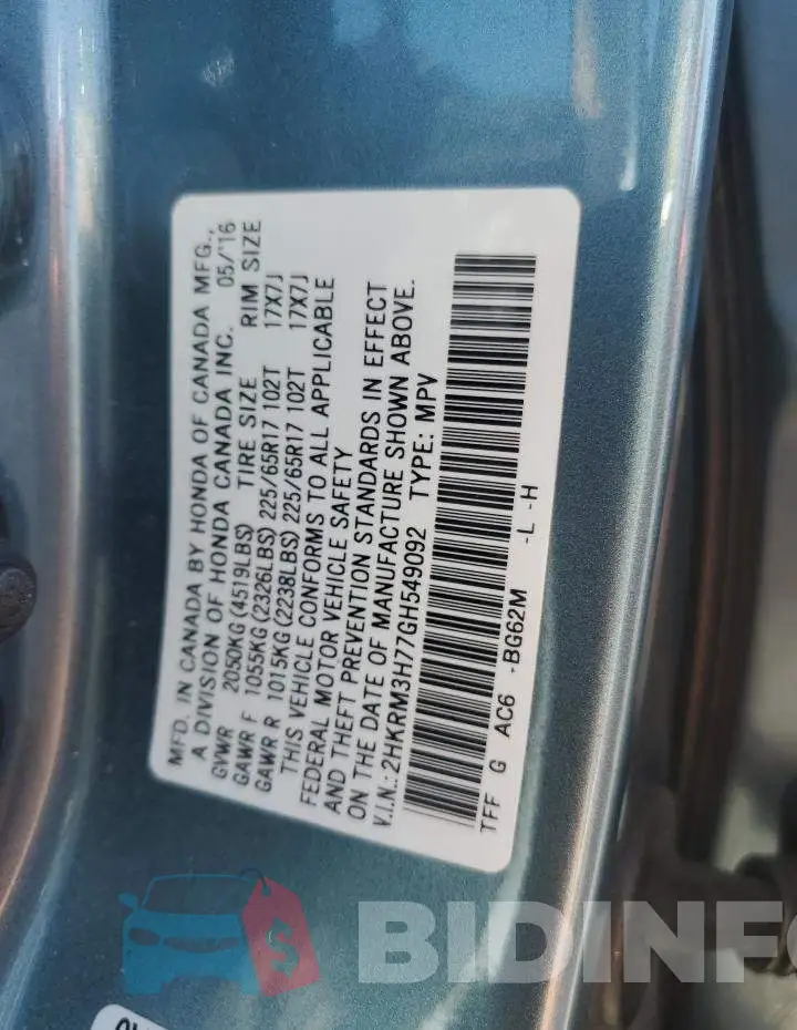 2HKRM3H77GH549092 Photo# 12