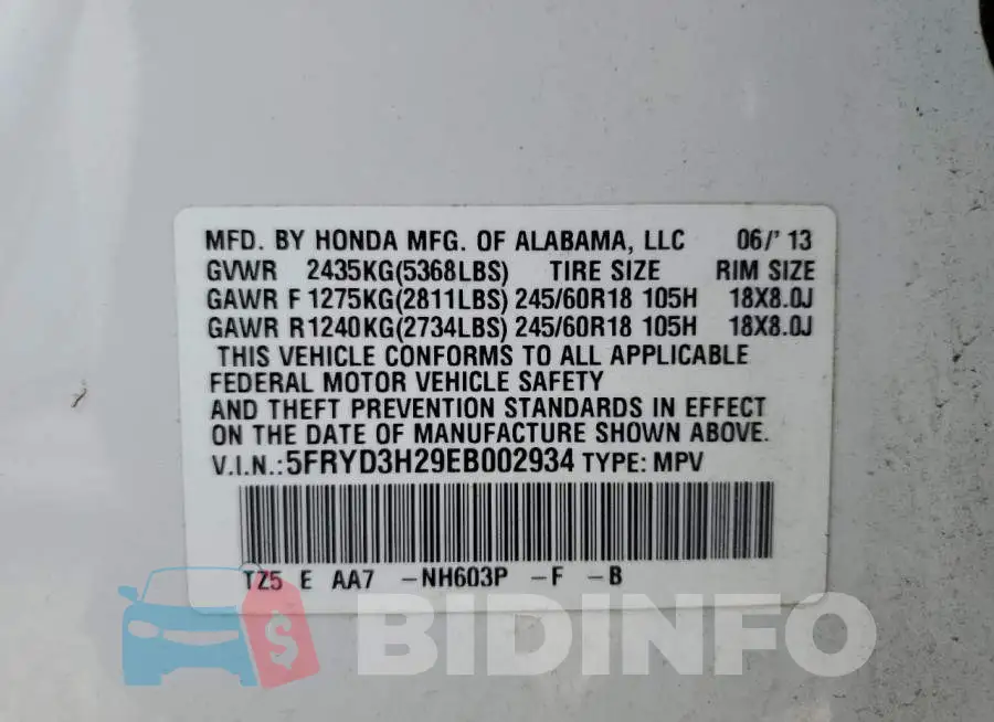 5FRYD3H29EB002934 Photo# 13