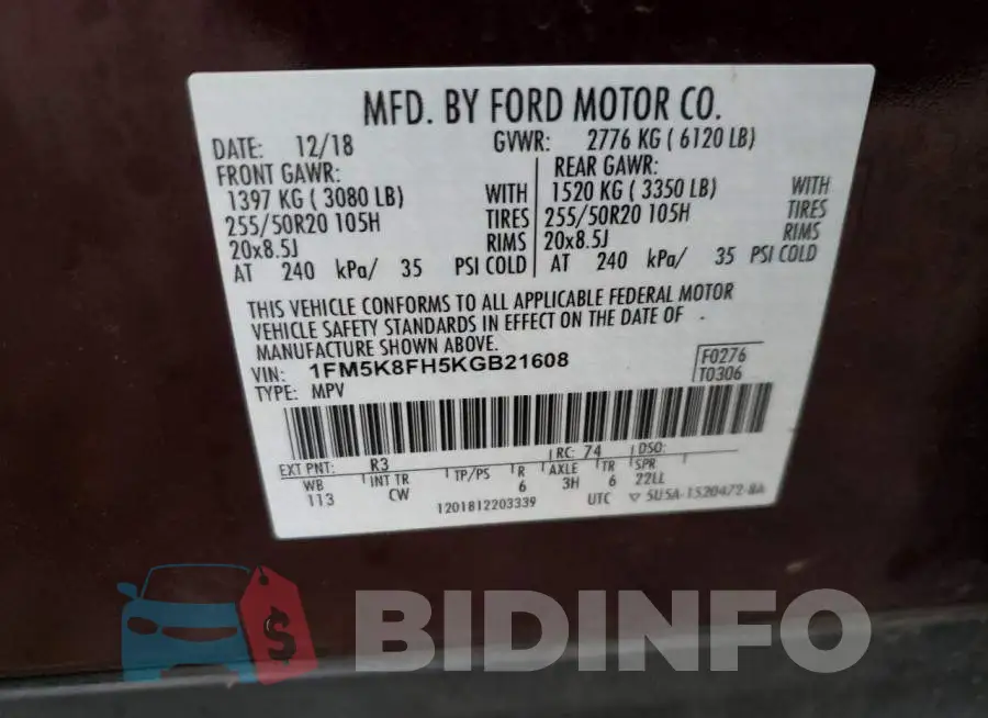 1FM5K8FH5KGB21608 Photo# 12