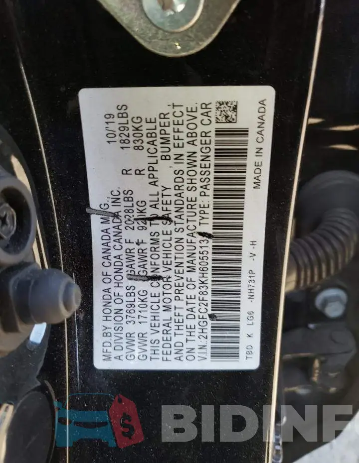 2HGFC2F83KH605513 Photo# 13