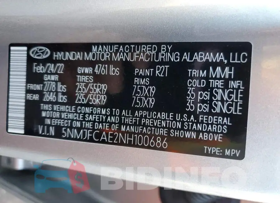 5NMJFCAE2NH100686 Photo# 12