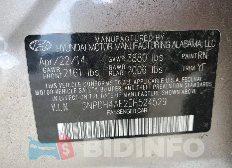5NPDH4AE2EH524529 Photo# 12