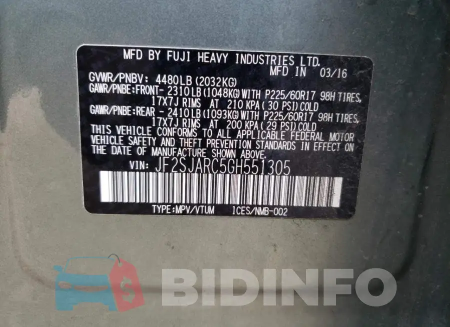 JF2SJARC5GH551305 Photo# 12