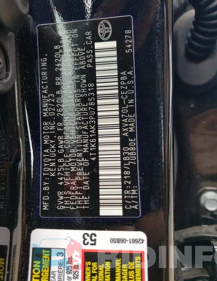 4T1K61AK3PU785318 Photo# 12