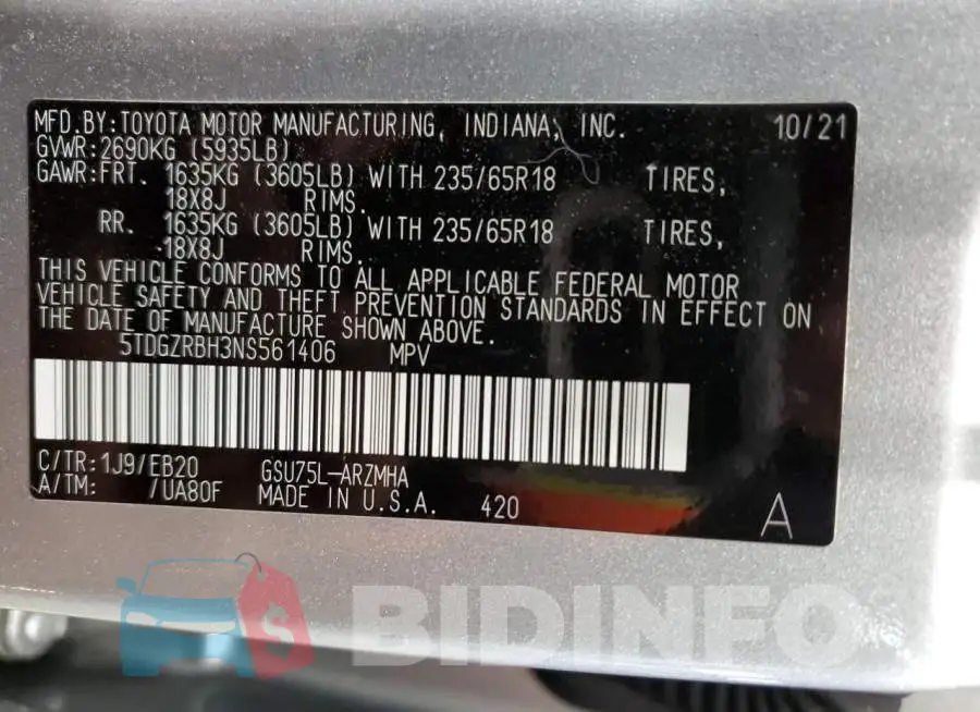 5TDGZRBH3NS561406 Photo# 13