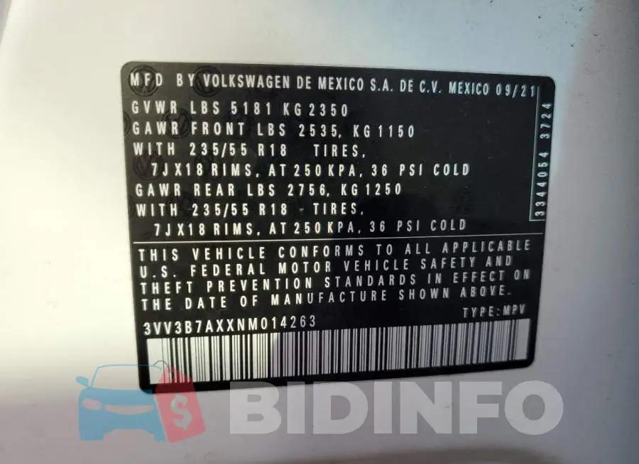 3VV3B7AXXNM014263 Photo# 13
