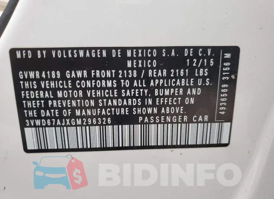 3VWD67AJXGM296326 Photo# 13