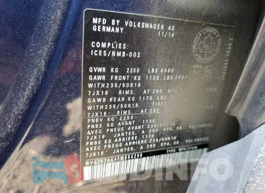 WVGJV7AX4FW554296 Photo# 14