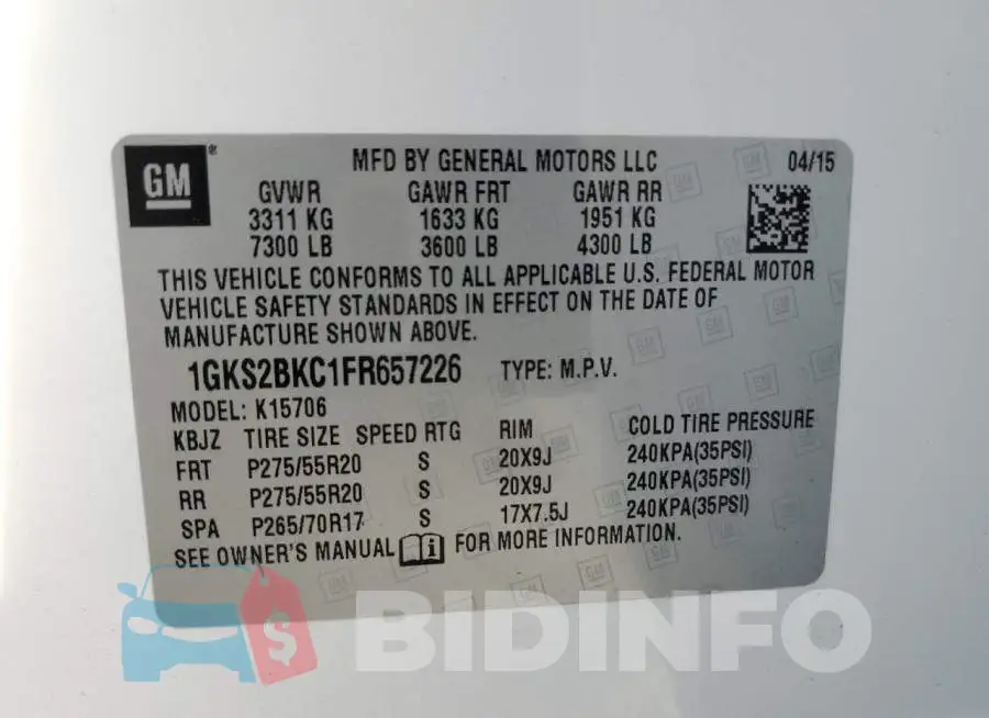 1GKS2BKC1FR657226 Photo# 14