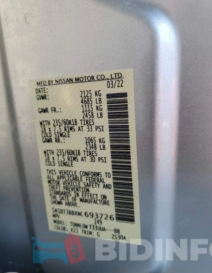 5N1BT3BBXNC693726 Photo# 13