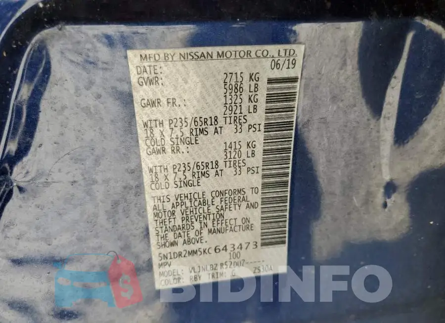 5N1DR2MM5KC643473 Photo# 13