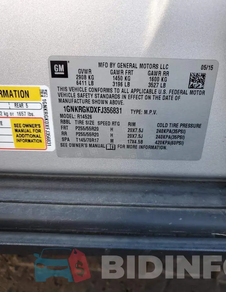 1GNKRGKDXFJ356831 Photo# 13