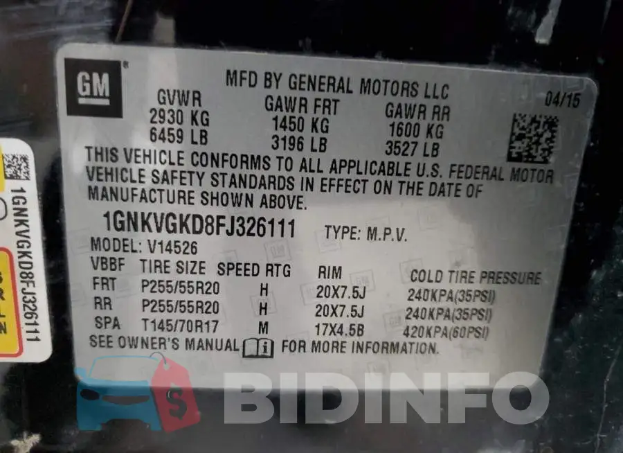 1GNKVGKD8FJ326111 Photo# 13