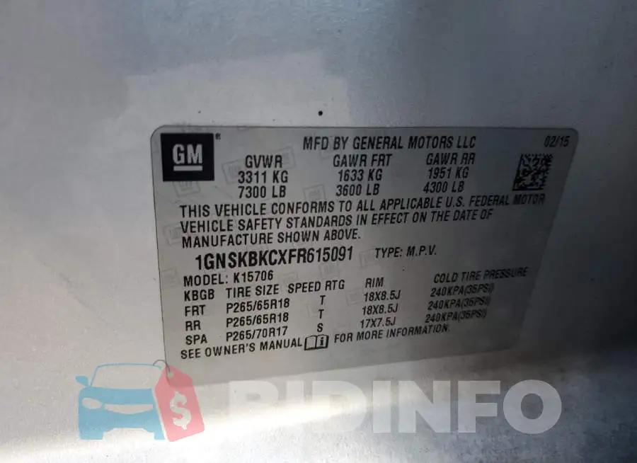 1GNSKBKCXFR615091 Photo# 12