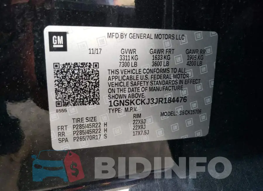 1GNSKCKJ3JR184476 Photo# 14
