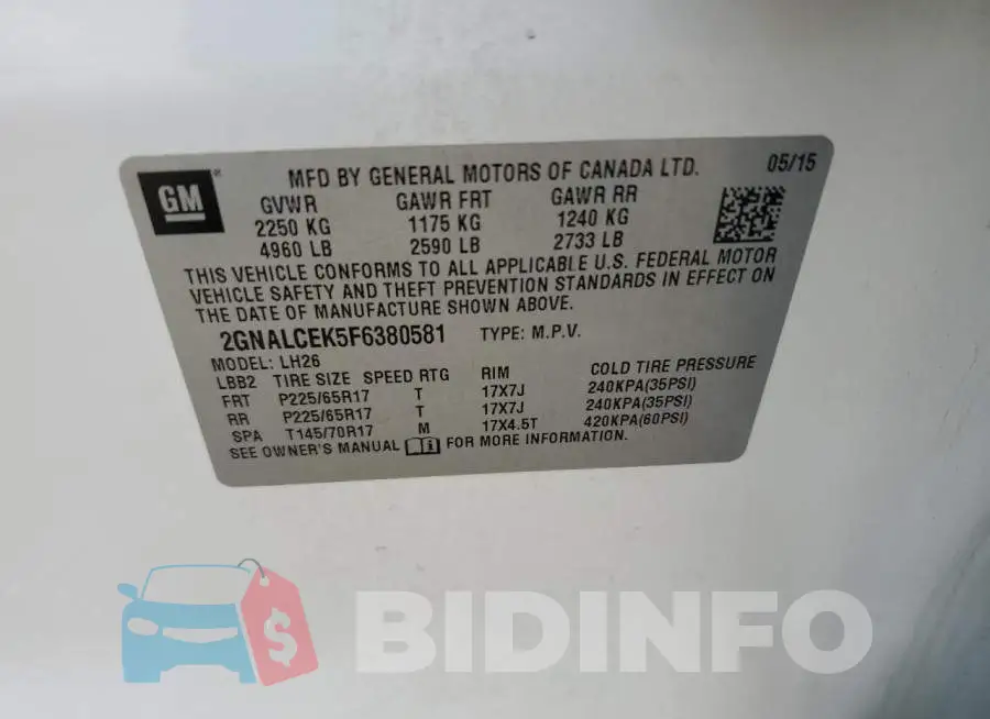 2GNALCEK5F6380581 Photo# 13