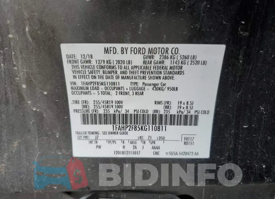 1FAHP2F85KG110811 Photo# 12