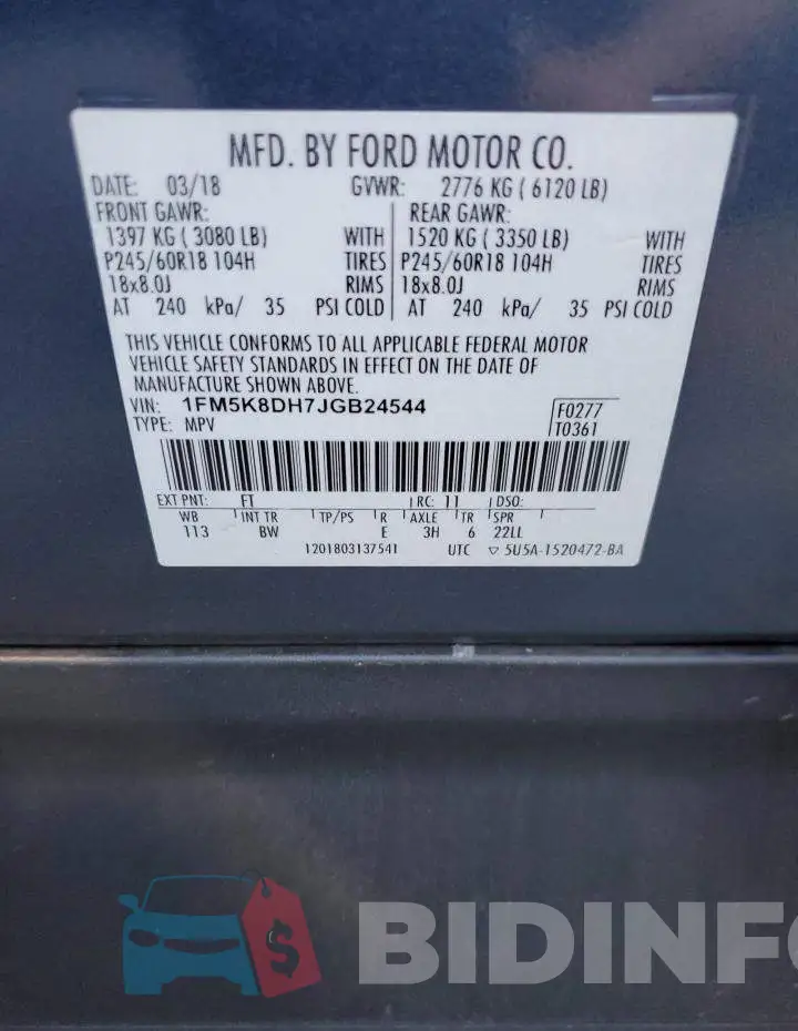 1FM5K8DH7JGB24544 Photo# 13