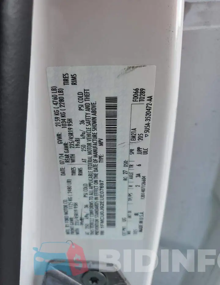 1FMCU0J92EUE07697 Photo# 12