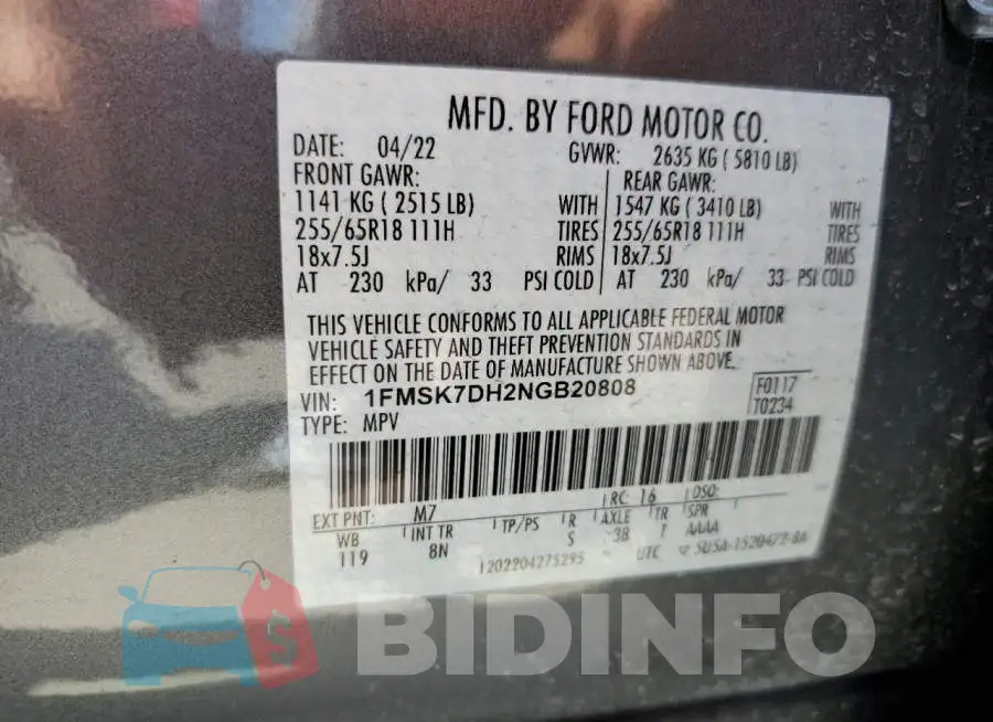 1FMSK7DH2NGB20808 Photo# 13