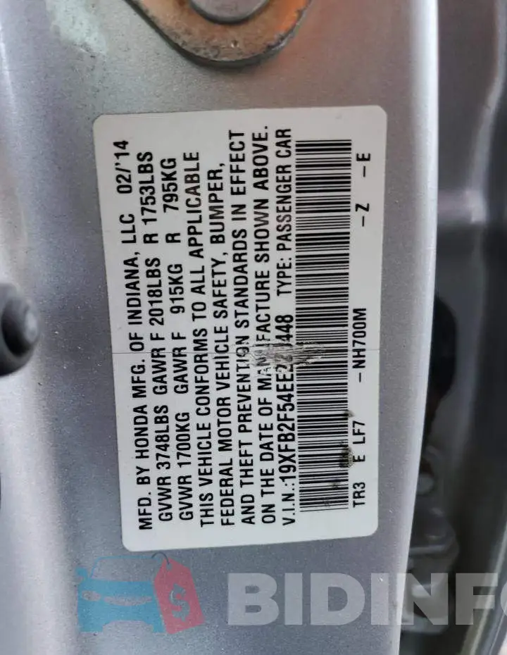 19XFB2F54EE223448 Photo# 12