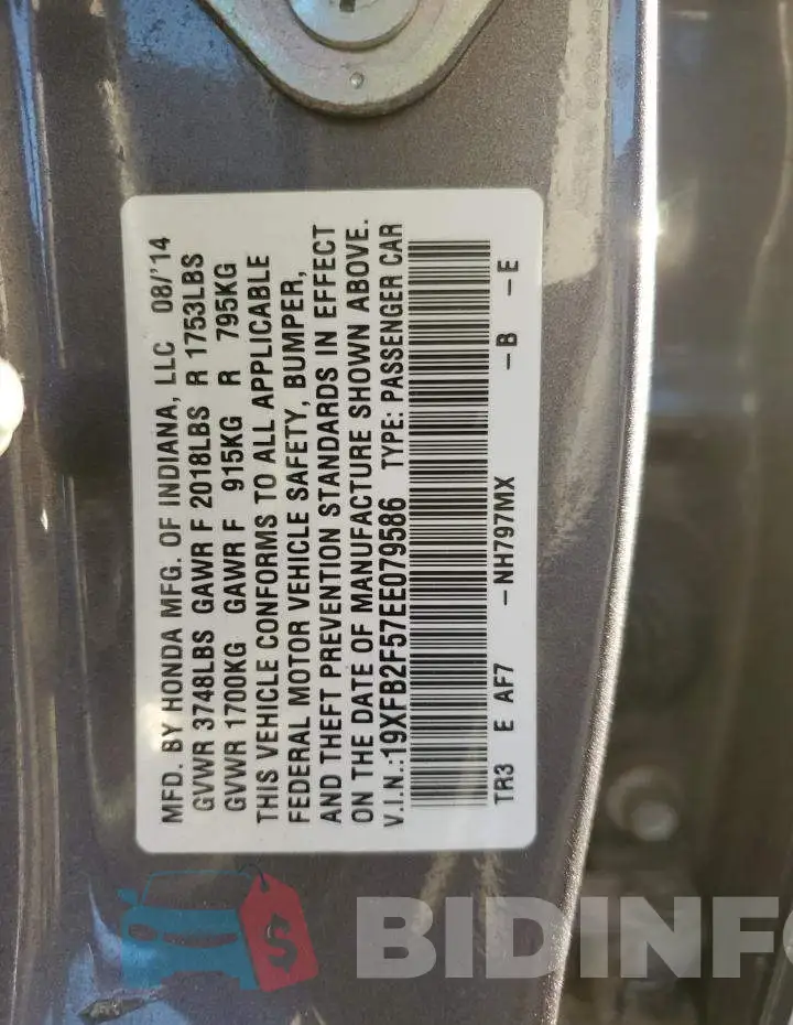 19XFB2F57EE079586 Photo# 12