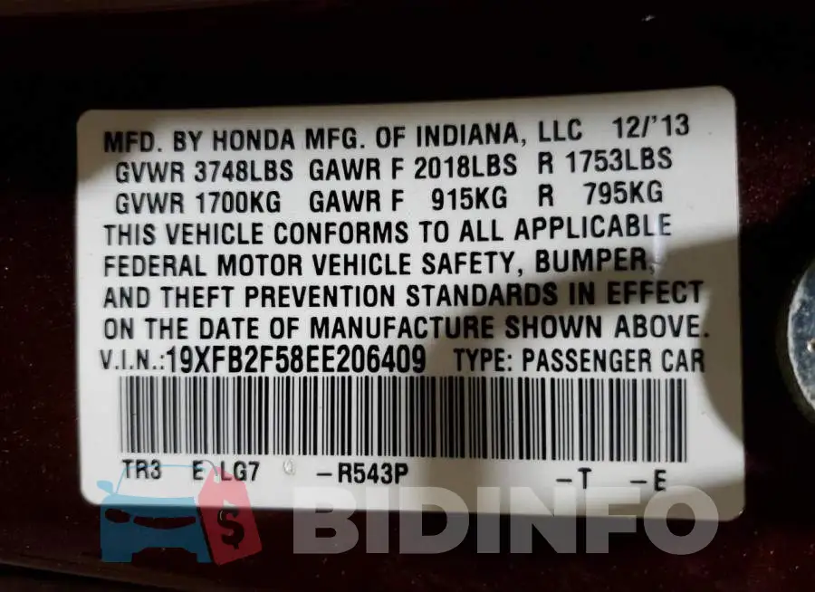 19XFB2F58EE206409 Photo# 12