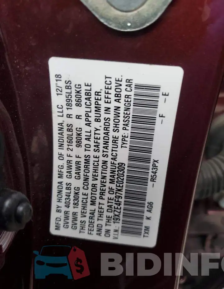 19XZE4F97KE020309 Photo# 12