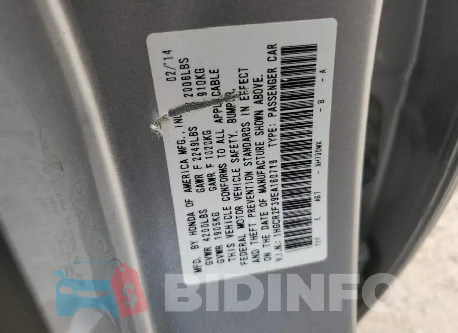 1HGCR2F39EA160719 Photo# 12