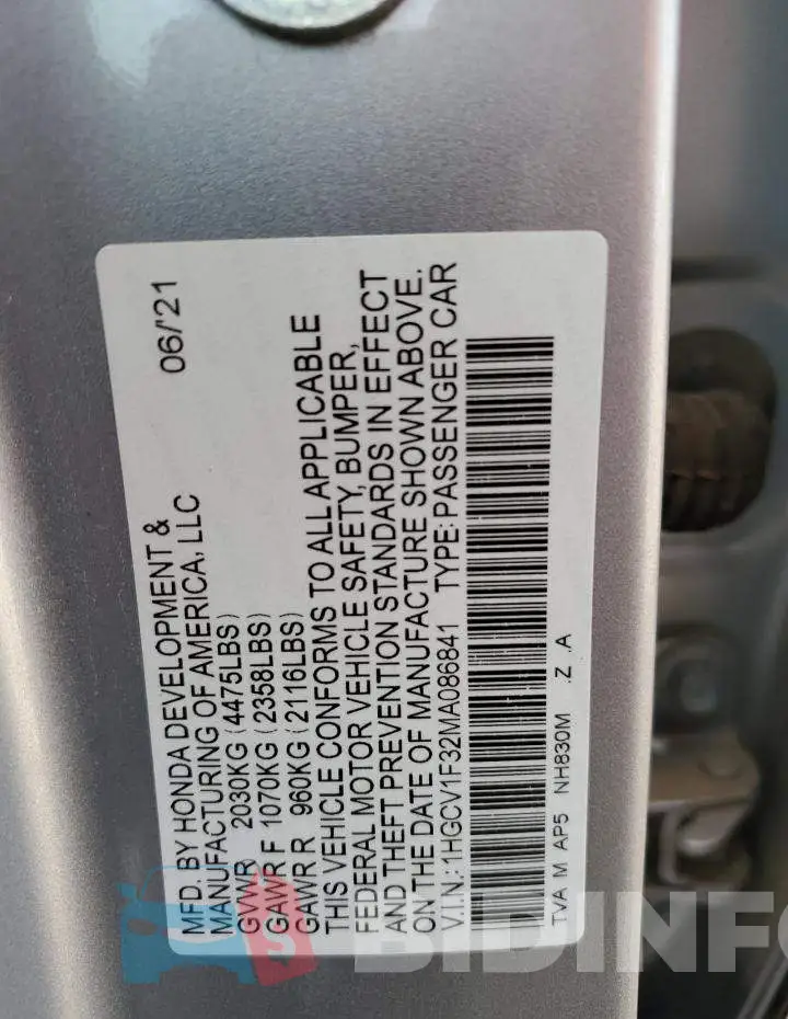 1HGCV1F32MA086841 Photo# 12