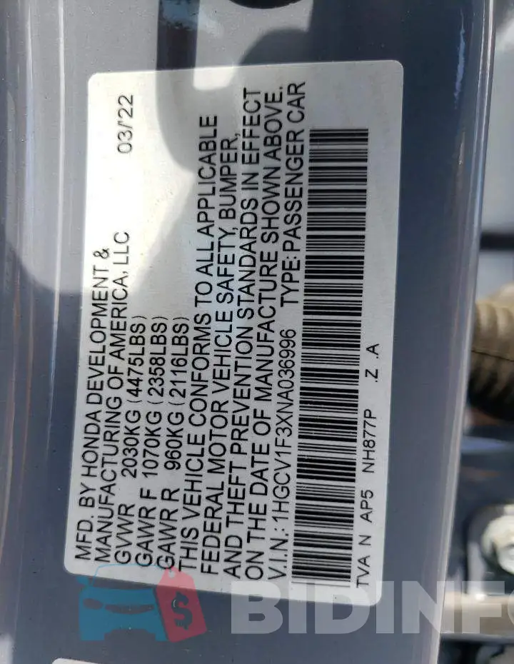 1HGCV1F3XNA036996 Photo# 12
