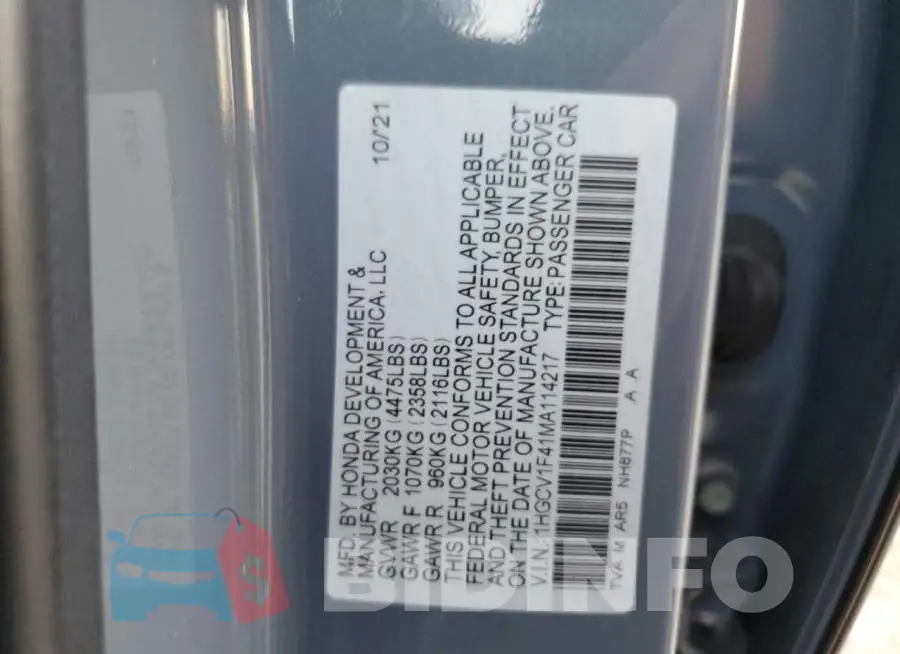 1HGCV1F41MA114217 Photo# 12