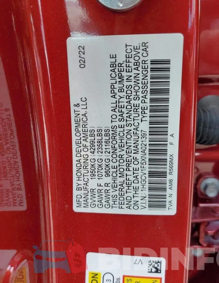1HGCV1F5XNA021397 Photo# 12