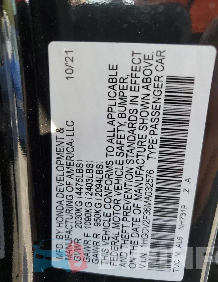 1HGCV2F36MA032576 Photo# 13